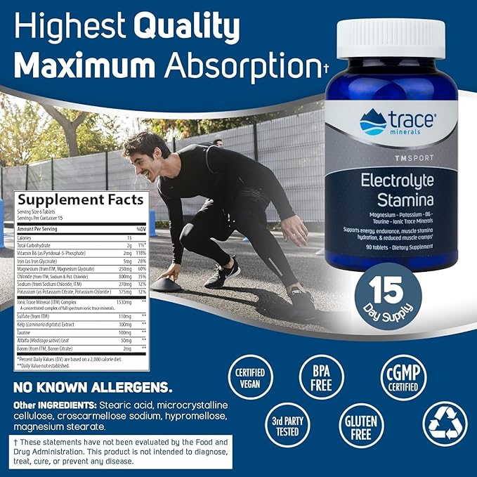 Trace Minerals Electrolyte Stamina - Heart Health & Hydration Support - Electrolyte Supplement Aids Muscle Cramp Relief & Endurance - Mineral Supplement with Magnesium - 90 Tablets (15 Servings)