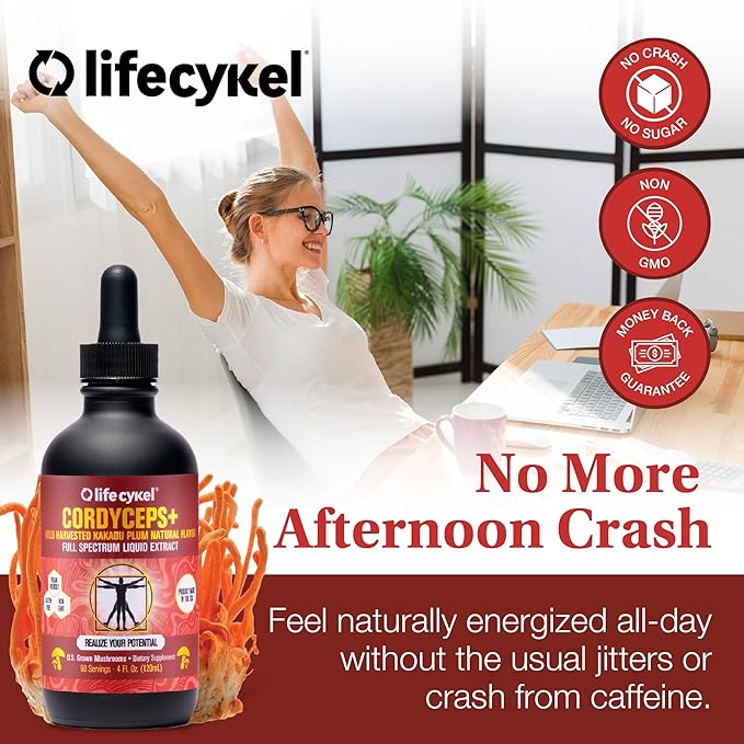 Lifecykel Cordyceps Mushroom Extract with Kakadu Plum - Energy, Stamina & Vitality Support, Natural Aging Supplement - Non-GMO and Vegan Tincture - 4Fl Oz