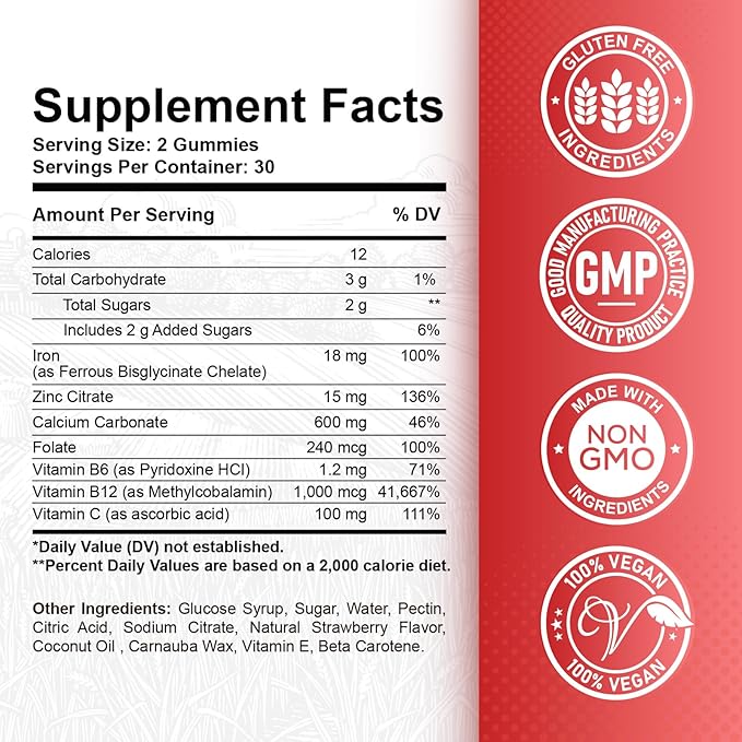 Iron Gummies - with Calcium, Zinc, Folate & Vitamin B12, C,B6 for Adults & Kids - Blood Builder & Energy Support for Iron Deficiency, Anemia, Vegan - 60 Gummies