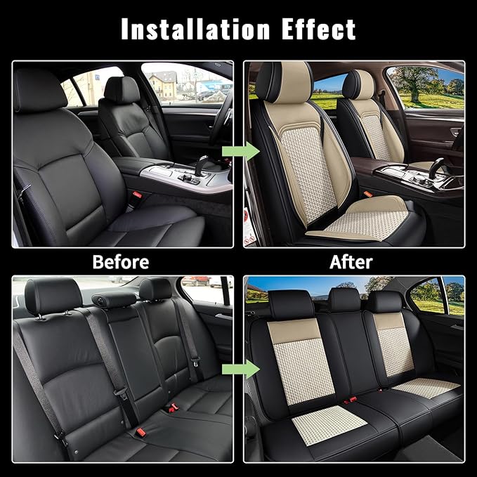 Car Seat Covers Full Set for Toyota Corolla 2000-2019 - Cooling Ice Silk Leather Seat Cover - Ventilated 5 Seats Vehicle Seat Cushion Protector Automotive Accessories (Black&Beige)