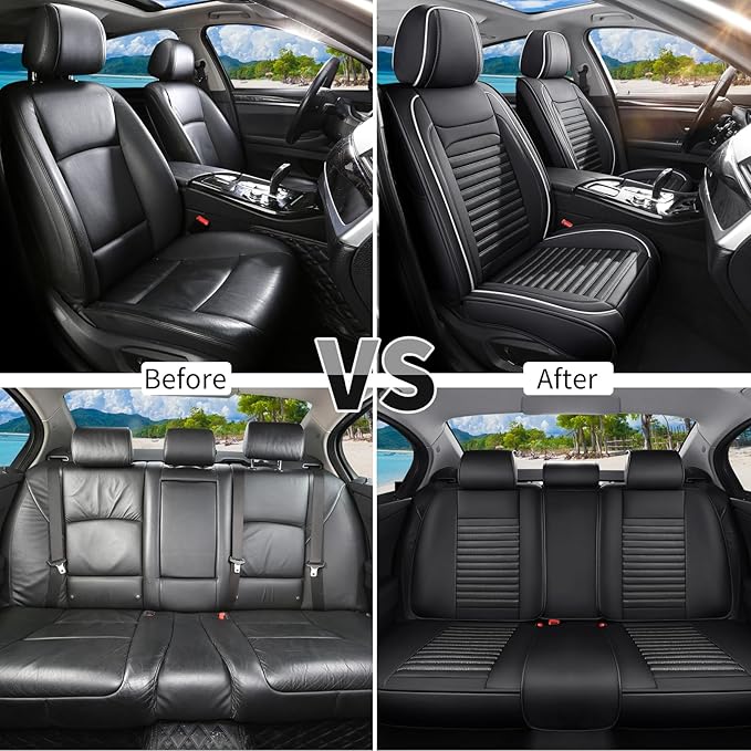 Car Seat Covers Full Set Fit for Toyota Yaris 2007-2020, Premium Faux Leather Car Seat Protector, Breathable, Anti-Slip, Comfortable & Durable (Black&White,Full Set)