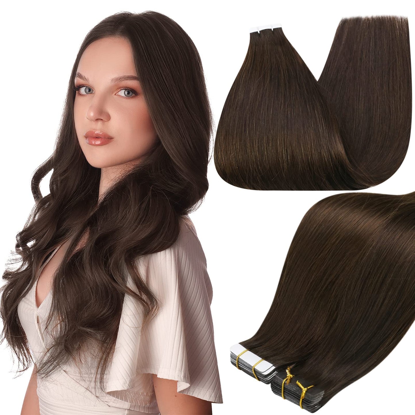 Full Shine Tape In Hair Extensions Remy Human Hair Invisible Skin Weft Color 2 Dark Brown Tape Hair Extensions Brazilian Hair 18