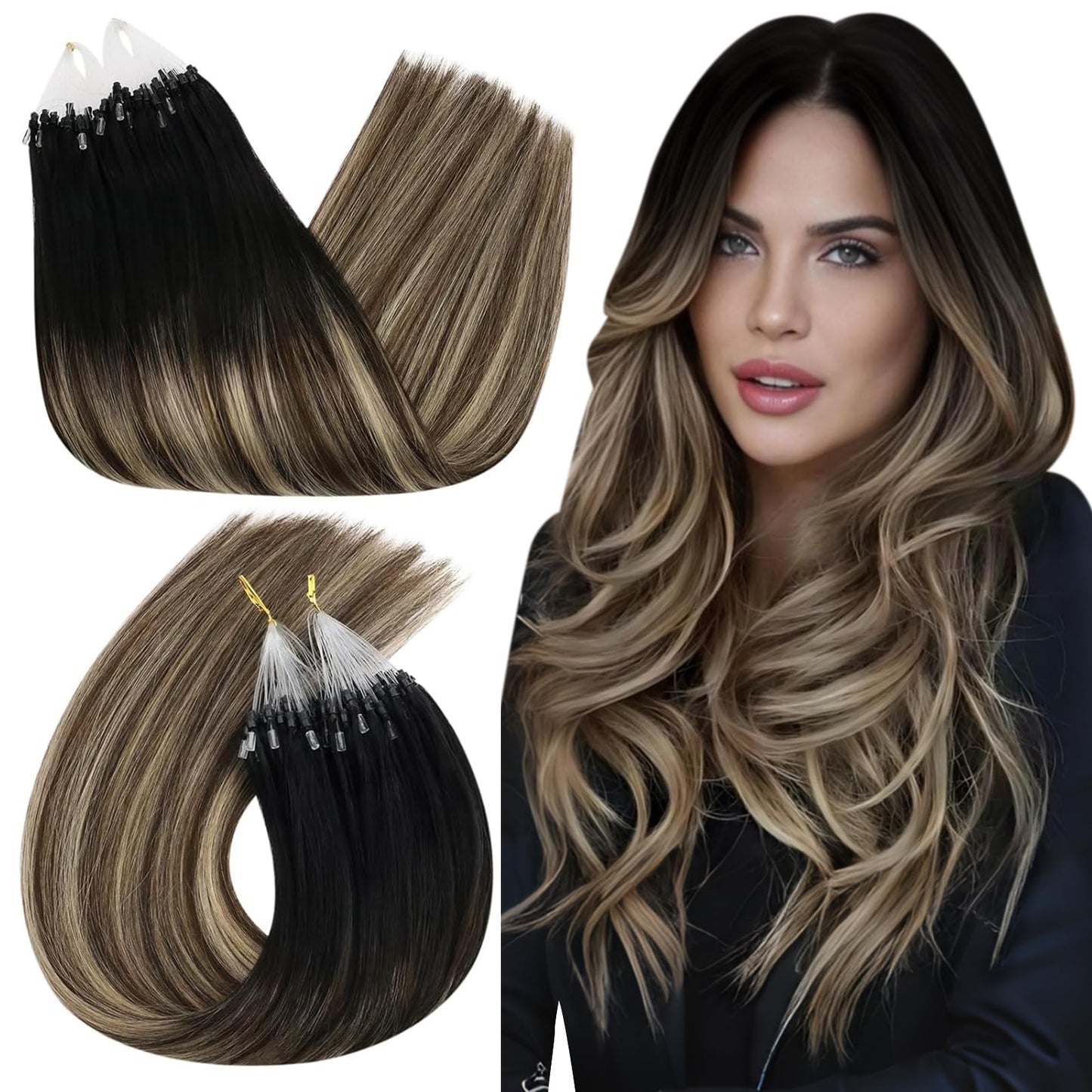 Ugeat Balayage Micro Link Hair Extensions Natural Black To Dark Brown Mix Caramel Brown Balayage Micro Ring Real Human Hair Exte