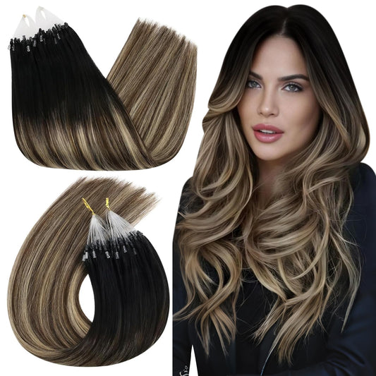Ugeat Balayage Micro Link Hair Extensions Natural Black To Dark Brown Mix Caramel Brown Balayage Micro Ring Real Human Hair Exte
