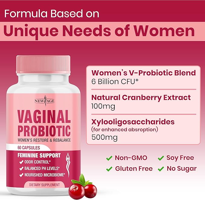 NEW AGE Vaginal Probiotics for Women with Prebiotics, Cranberry Extract, and a Lactobacillus Probiotic Blend, Supports Healthy pH Balance, Odor Control, Vaginal Flora - 120 Capsules