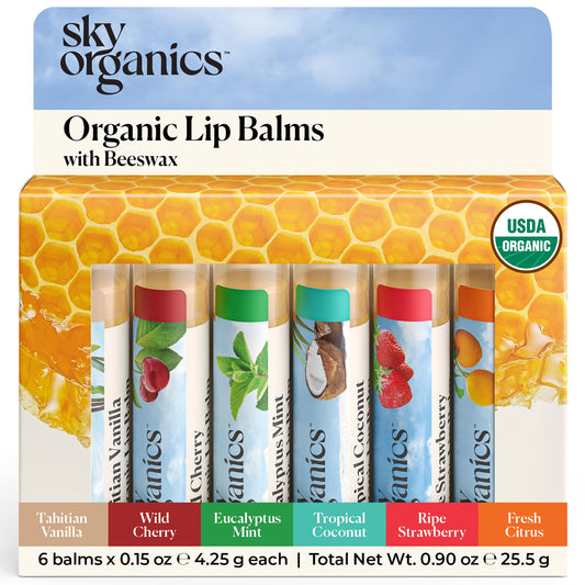 Sky Organics Organic Lip Balms With Beeswax For Lips, Usda Certified Organic, Six Assorted Flavors To Moisturize, Soothe & Softe