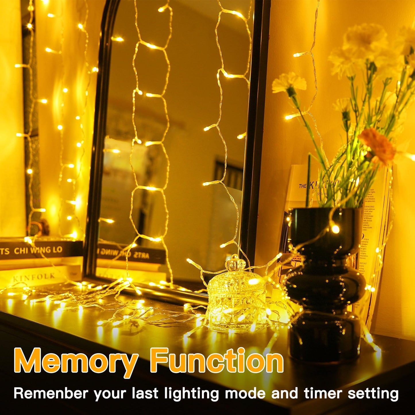 Ollny Curtain Lights 6.6x6.6ft, 200 LED String Lights with Remote 8 Modes Dimmable Timer, USB Power Fairy Light for Bedroom Backdrop Indoor Wall Window Wedding Decor, Warm White
