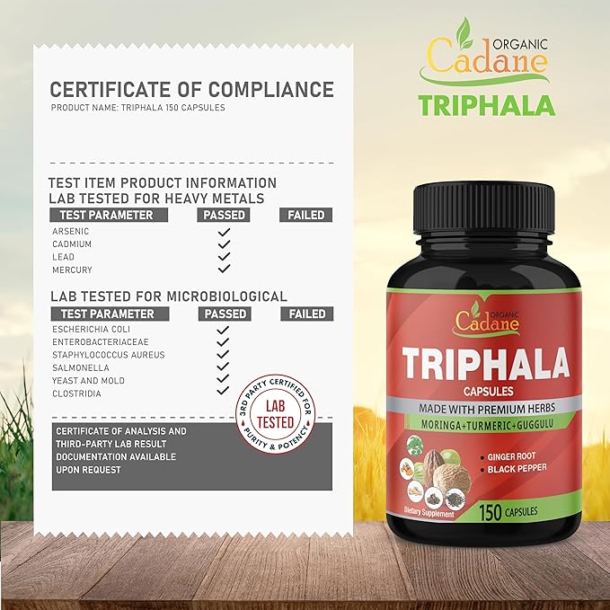Organic Cadane Triphala Extract Capsules, 5 Months Supply with Turmeric, Guggulu, Ginger, Black Pepper, Moringa - Support Digestion Health & Immune System - 150Caps