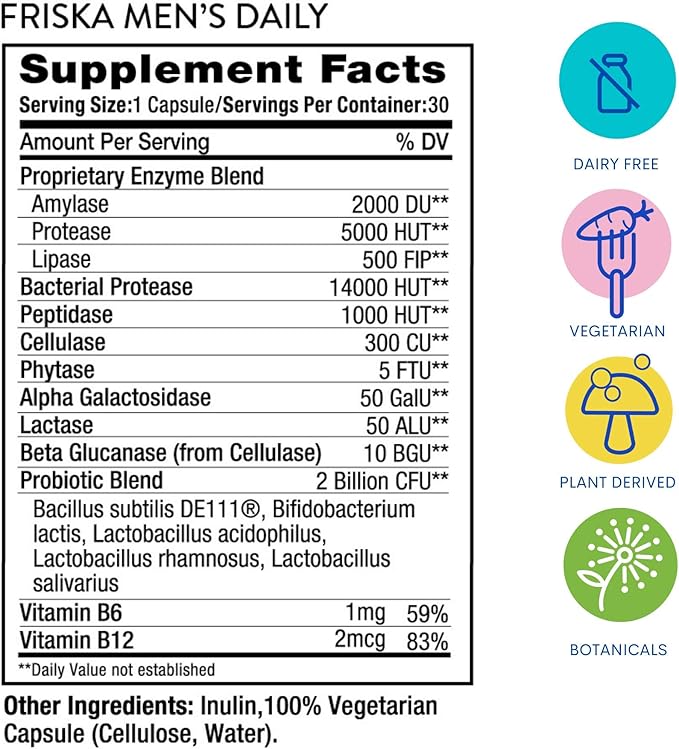 FRISKA Men’s Daily Digestive Enzyme and Probiotics Supplement, Natural Support for Male Digestive Health, Bloating, Gas, Indigestion Relief, Supports Gut Health, Lactase and B-Vitamins, 90 Capsules
