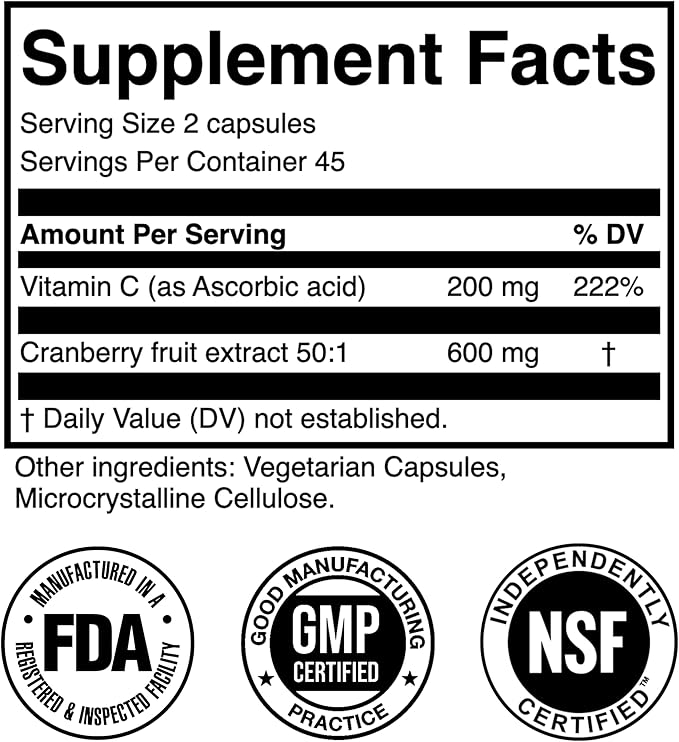 Cranberry Supplement Pills for Women and Men, 30000mg Strength, Urinary Tract Support with Vitamin C, Made in FDA-Registered, NSF-Certified Facility, Overall Health Support, 90 Capsules