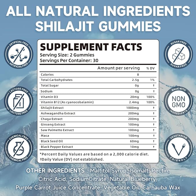 Shilajit Gummies 1000mg Sugar Free - Pure Himalayan Shilajit Supplement for Men & Women - High in 85+ Trace Minerals & Fulvic Acid - Energy, Brain, Immunity - 60 Gummies