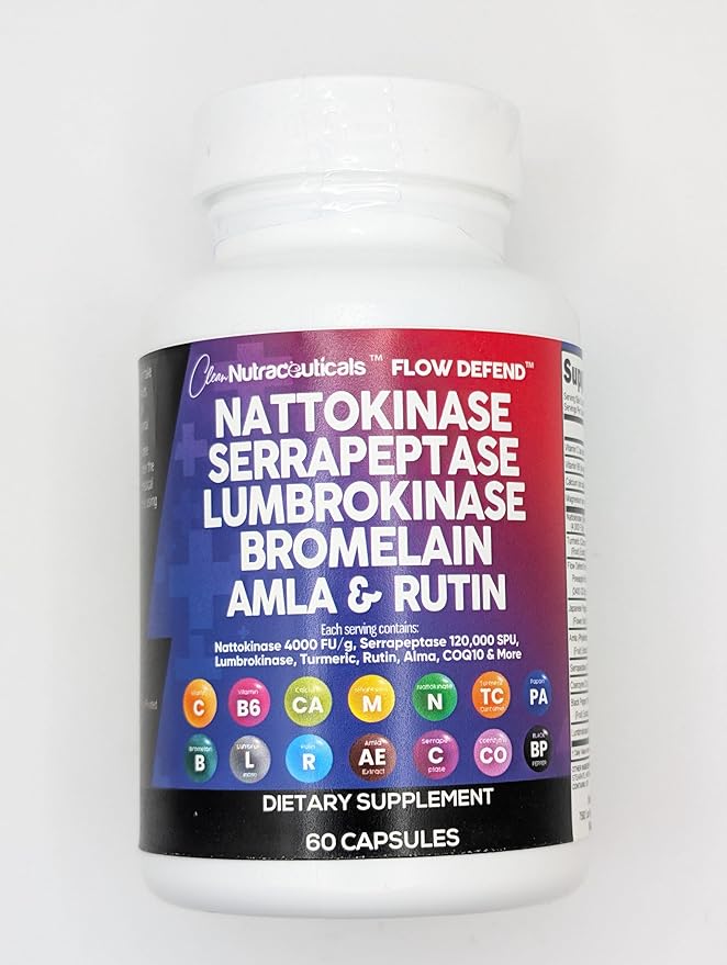 Clean Nutraceuticals Nattokinase 4000 FU Serrapeptase 120000 SPU Lumbrokinase Enzyme Supplement with Bromelain Papain Papaya Enzymes Rutin Extract Amla Magnesium Vitamin B6 & VIT C Capsules
