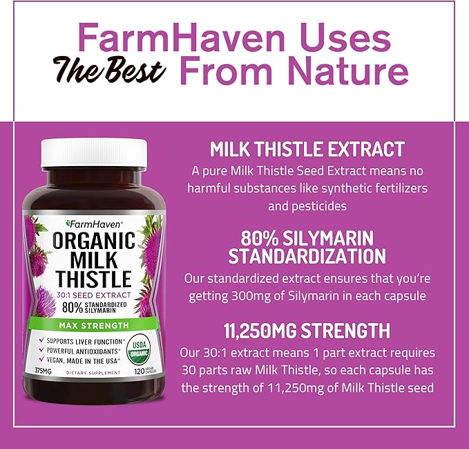 FarmHaven USDA Organic Milk Thistle Capsules | 30X Concentrated Seed Extract & 80% Silymarin Standardized - Supports Liver Function and Overall Health | Non-GMO | 360 Vegan Capsules