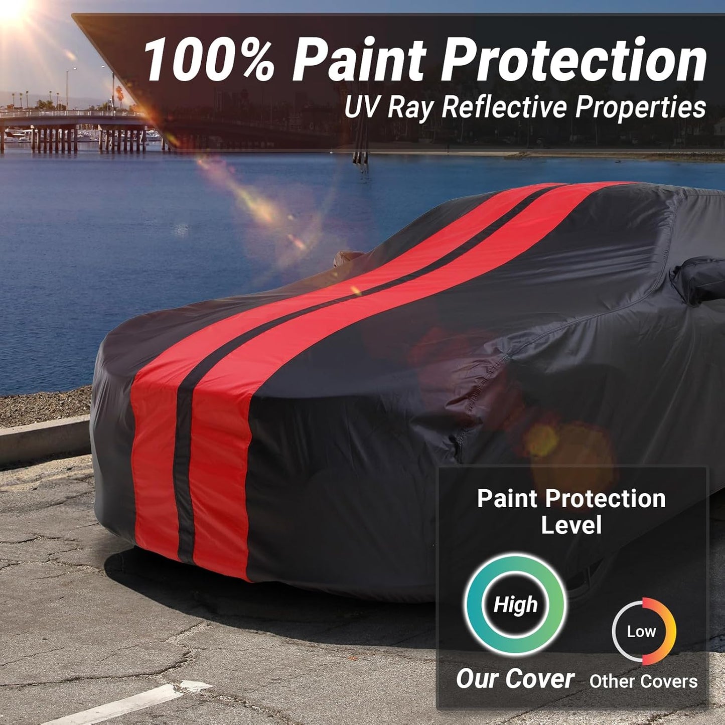 iCarCover Custom Car Cover for Pontiac Lemans Sedan (1988-1993) Waterproof All-Weather Rain Snow UV Sun Protector Full Exterior Indoor Outdoor Car Cover (Stripe - Black/Red)