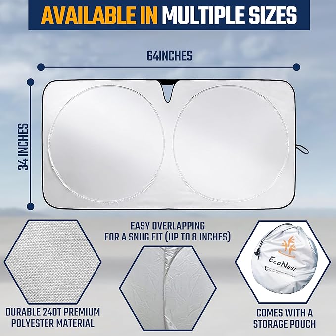 EcoNour Car Windshield Sunshade | Maximum Heat & UV Defense | Full-Coverage Reflective Sun Shade for Windshields | Foldable Design for Cooler Vehicle Interior | Easy Storage- Large