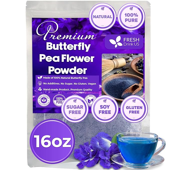 FreshDrinkUS Premium 16oz Butterfly Pea Flower Powder, 100% Natural and Pure, No Additives, No Gluten, No Sugar, Vegan