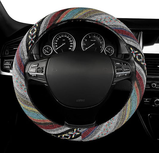 GXT 15 inch New Baja Blanket Car Steering Wheel Cover Universal Fit Most Cars Automotive Ethnic Style Coarse Flax Cloth (Red Blue)