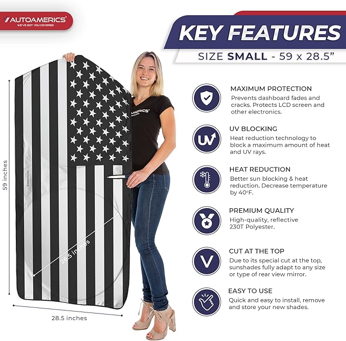 Autoamerics 1-Piece Windshield Sun Shade B&W American Flag USA Patriotic Design - Foldable Car Front Window Sunshade for Most Sedans SUV Truck - Blocks Max UV Rays and Keeps Your Vehicle Cool - Small
