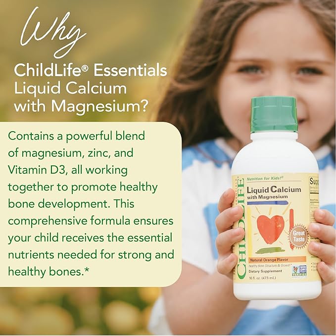CHILDLIFE ESSENTIALS Liquid Calcium Supplement for Kids - Baby Calcium with Magnesium, Zinc, and Vitamin D3 - Orange Flavor, 16 fl oz (1 Pack)