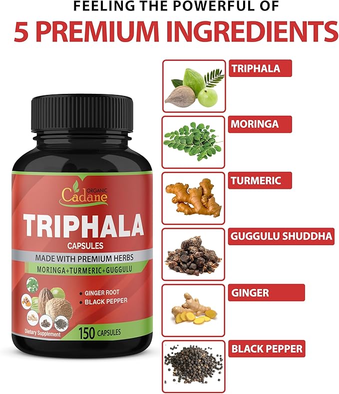 Organic Cadane Triphala Extract Capsules, 5 Months Supply with Turmeric, Guggulu, Ginger, Black Pepper, Moringa - Support Digestion Health & Immune System - 150Caps