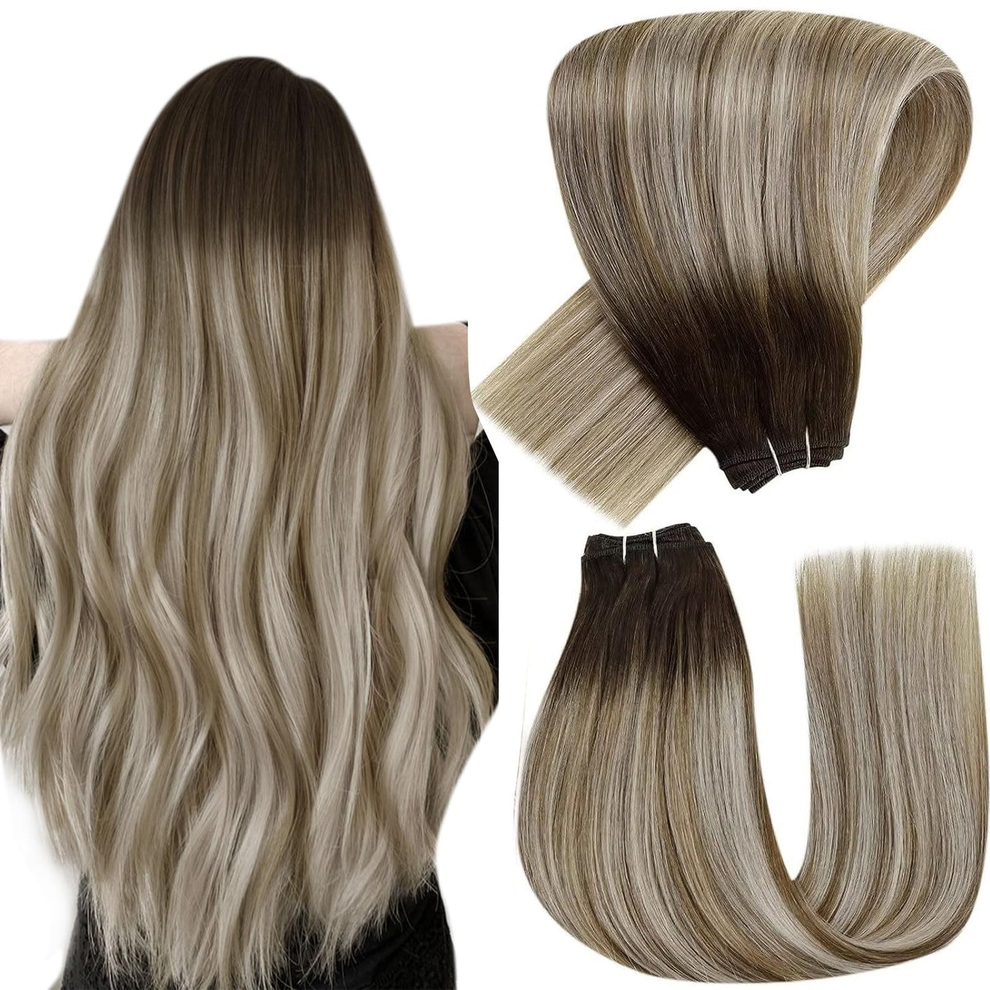 Hetto Ombre Weft Hair Extensions Real Human Hair Sew In Extensions #3/8/22 Fading Brown To Blonde Sew In Hair Extensions Remy We