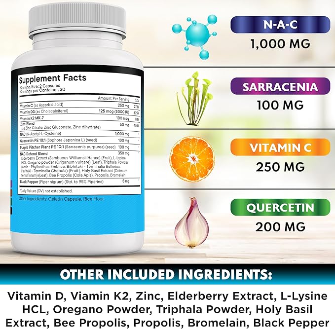 NEW AGE NAC Supplement N-Acetyl Cysteine- with Vitamin D3, K2, Zinc, Quercetin, Triphala, Sarracenia Purpurea, Elderberry, Holy Basil, Bee Propolis, Bromelain, L-Lysine - 120 Count