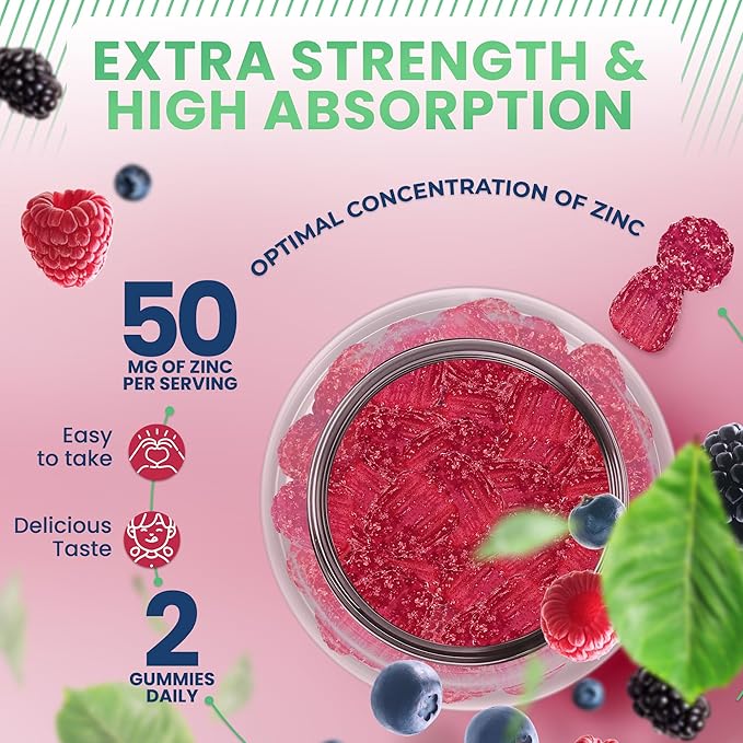 Zinc Gummies 50mg - Immune Defense, Skin Health, Antioxidant, Daily Zinc Supplement for Adults, High Potency Chewable Zinc Citrate Gummies, Vegan, Gluten-Free, Non-GMO, 180 Gummies