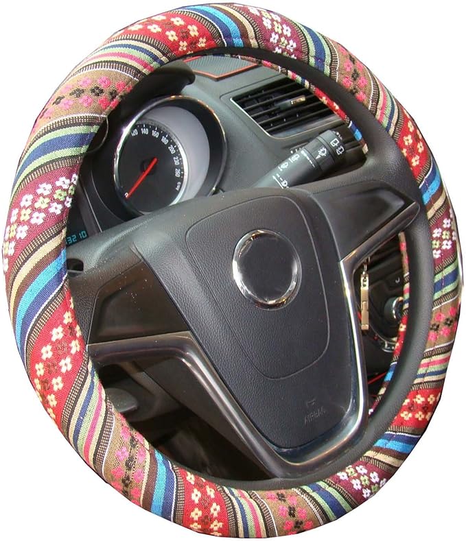 Small Ethnic Style Coarse Flax Cloth Automotive Steering Wheel Cover Anti Slip and Sweat Absorption Auto Car Wrap Cover (14''-14.25, D)