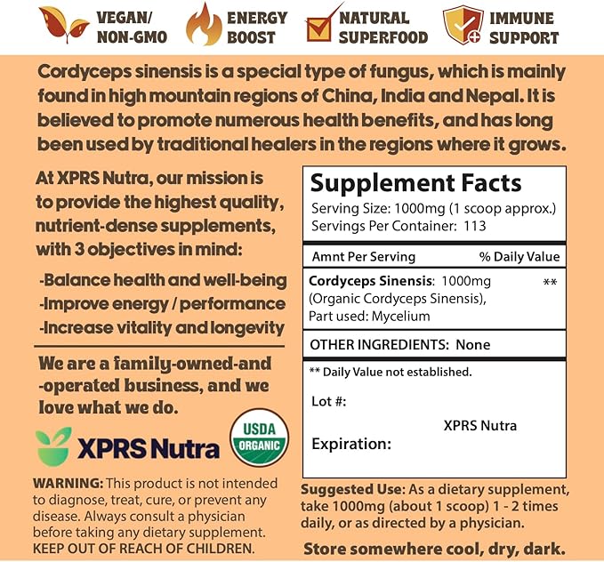 XPRS Nutra Organic Cordyceps Mushroom Powder - Premium Cordyceps Mushrooms - Real Mushrooms Cordyceps Powder Supplement for Energy and Immune Support - Vegan-Friendly Mushroom Cordyceps (4 oz)