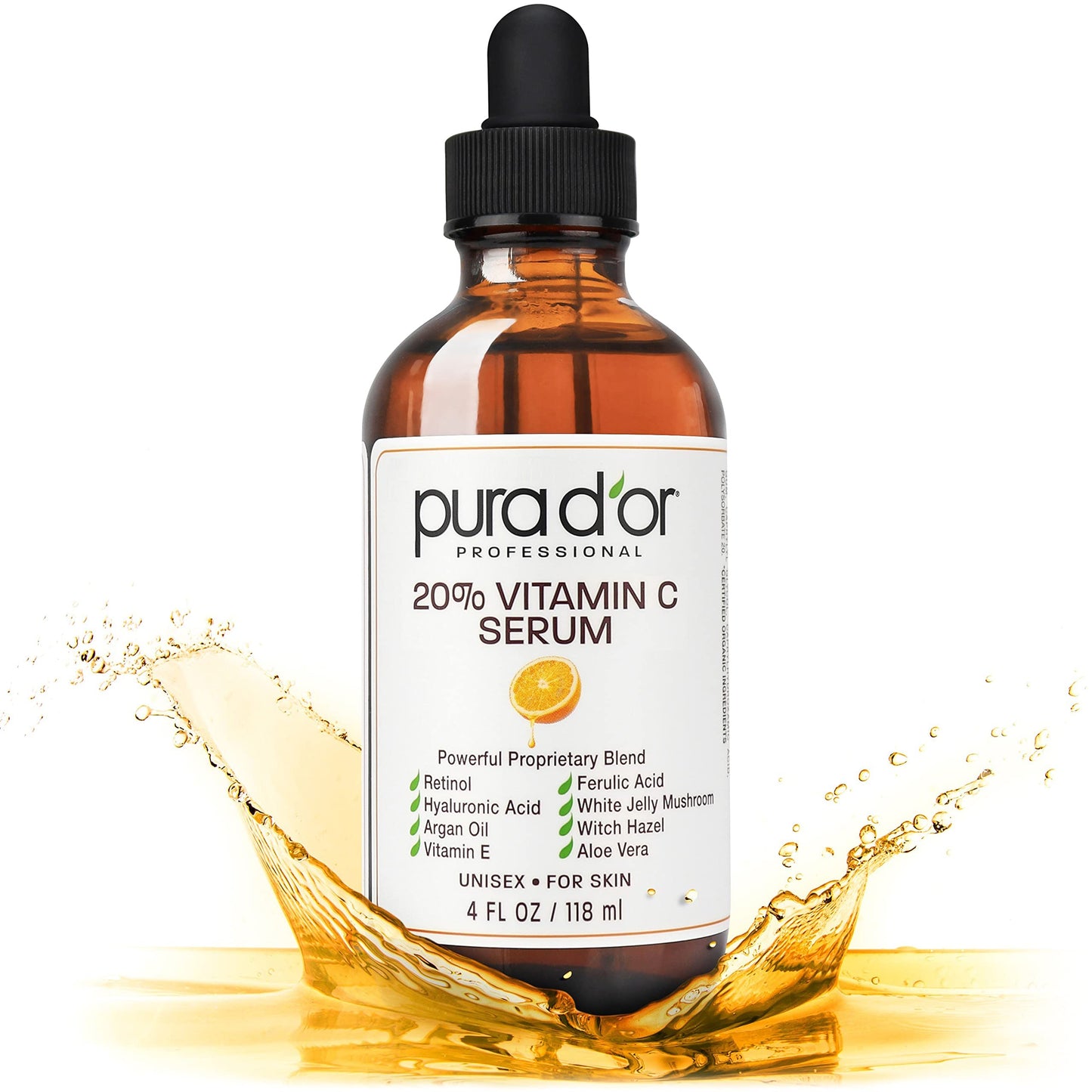 PURA D'OR 20% Vitamin C Serum (4oz BEST VALUE) Lightweight Maximum Strength Formula,Hyaluronic Acid,Retinol,Professional Grade T