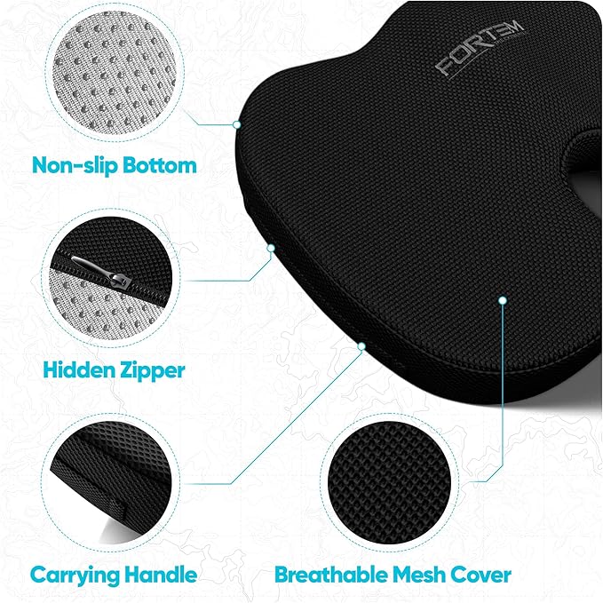 FORTEM Seat Cushion, Office Chair Cushion, Desk Chair Memory Foam, Sciatica Coccyx Tailbone Pain Relief, Pressure Relief, Sitting Pad, for Long Gaming & Sitting, Washable Cover, Non Slip, XL