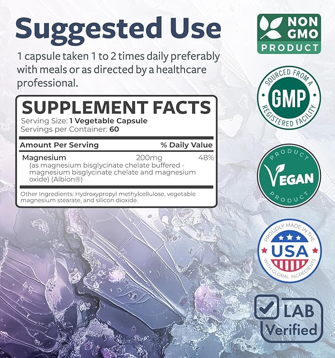 High Absorption Magnesium Bisglycinate Capsules - Clinically Validated Buffered and Chelated Magnesium Supplement - 1 Daily Vegan Capsule with Lab Verified Gentle Magnesium 200mg (2 Month Supply)
