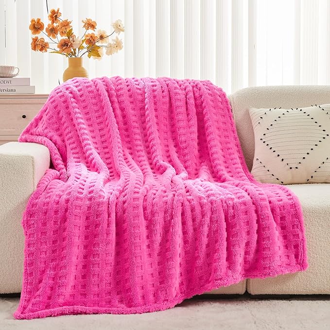 NEWCOSPLAY Super Soft Throw Blanket Pink Premium Silky Flannel Fleece 3D Waffle Checkered Lightweight Bed Blanket All Season Use (Hot Pink, Throw(50"x70"))