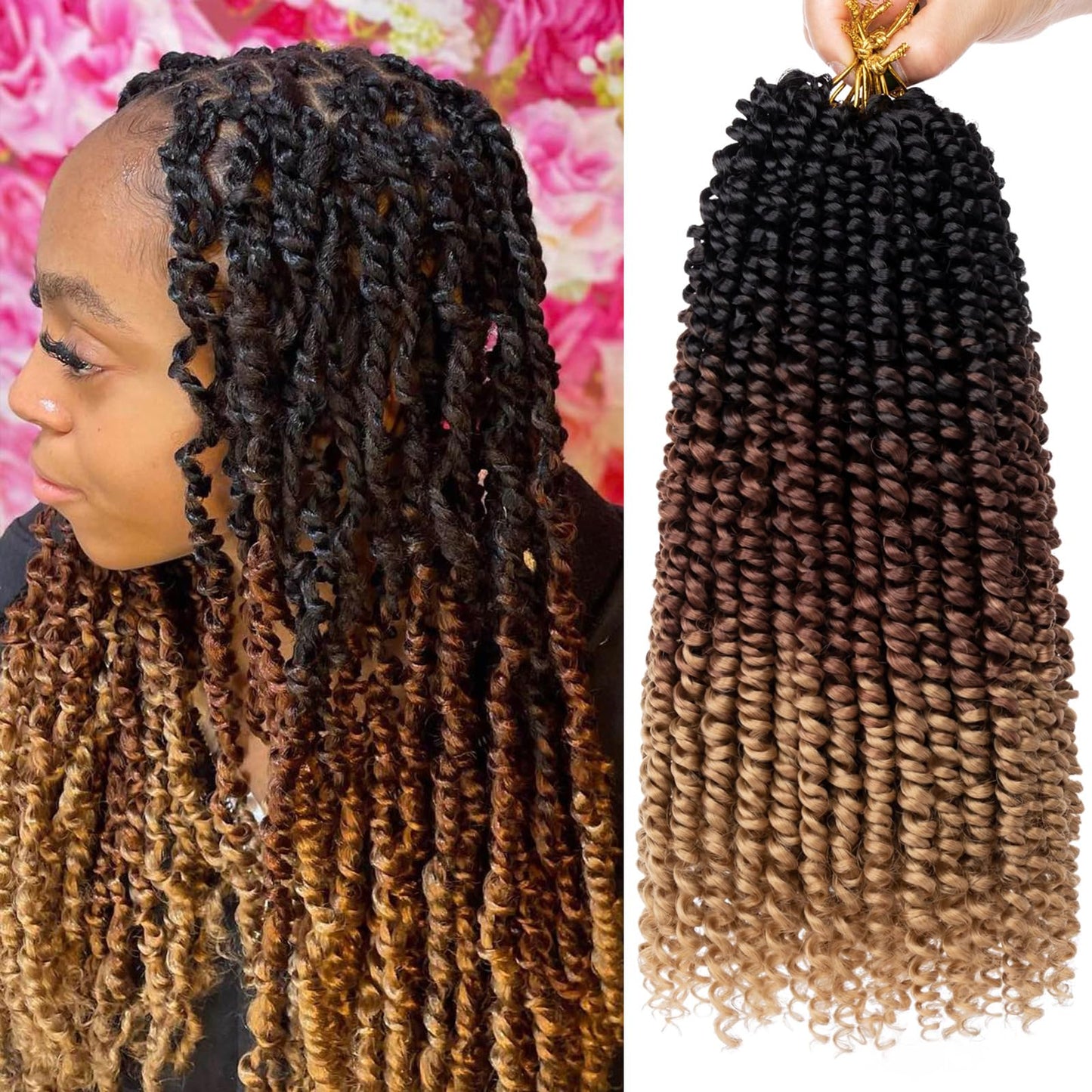 Leeven 8 Packs Ombre Brown Pre-Twisted Passion Twist Crochet Hair With Curly Ends 12 Inch 1B3027# Pre Looped Passion Twists Croc