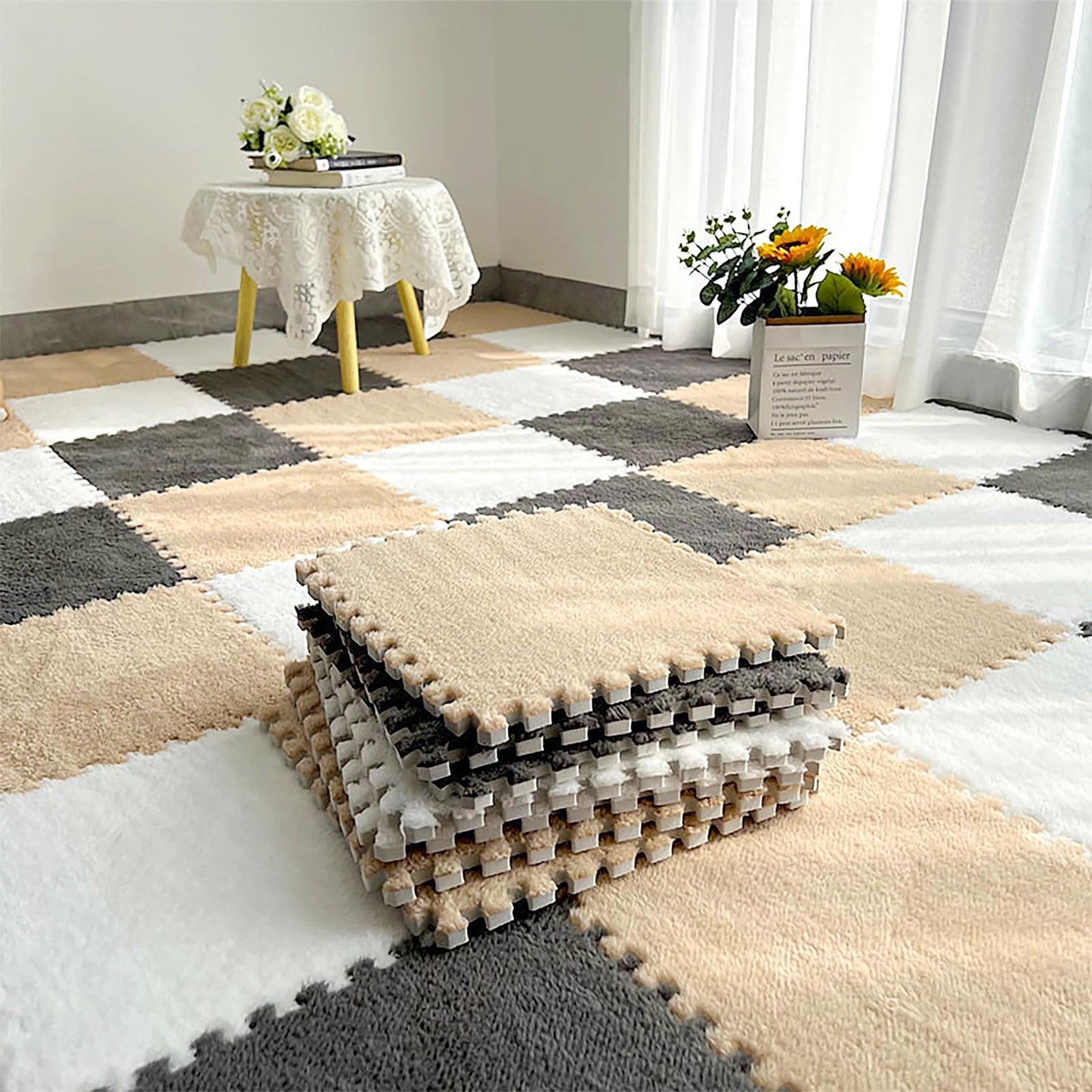 12 Pcs Plush Interlocking Carpet Tiles，Non-Toxic Foam Carpet Tiles for Toddler Baby，Machine-Washable，Anti-Slip，EVA Foam Interlocking Tiles for Floor, Nursery, Grey White Light Brown