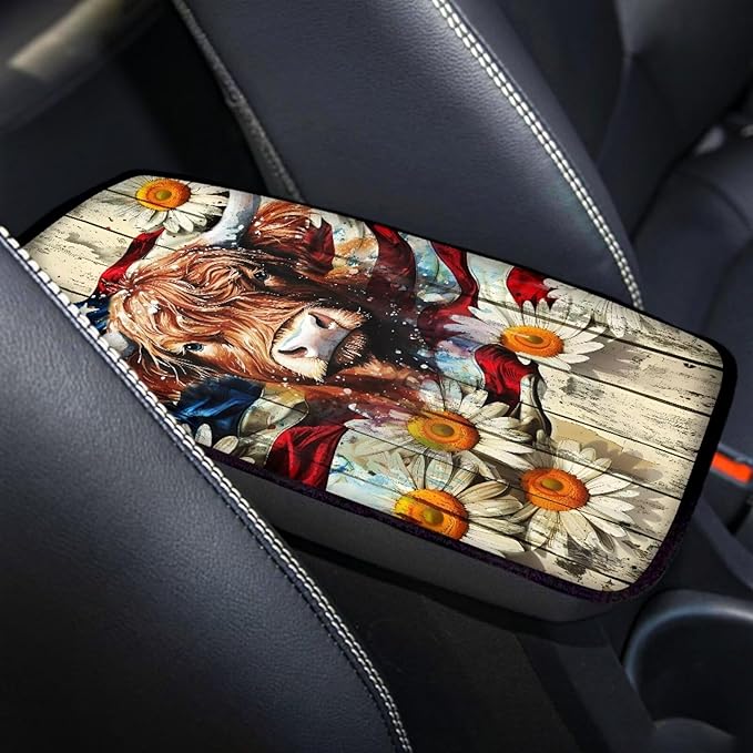 Suobstales Highland Cattle Daisy Print Car Armrest Pad Wood American Flag Design Soft Center Console Arm Rest Protector Cover Universal Car Interior Accessories Decoration