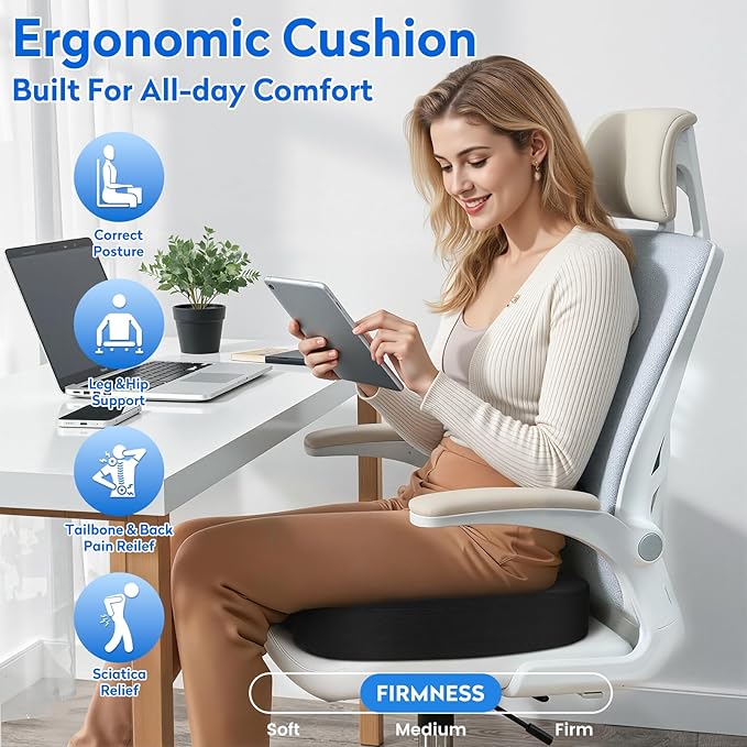XXLSeat Cushion Office Car Seat Cushion, Memory Foam Cushion for Office Chair, Car Seat, Airplane, Bleacher Non-Slip Chair Pad, Butt Pillow for Desk, Wheelchair, Car (Black)