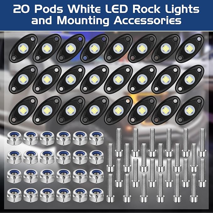 Treela 24 Pods White Rock Lights LED Wheel Well Underglow Lights for Car Truck ATV Utv SUV Boat Motorcycle Lamp Waterproof Shockproof High Power Neon Trail Rig