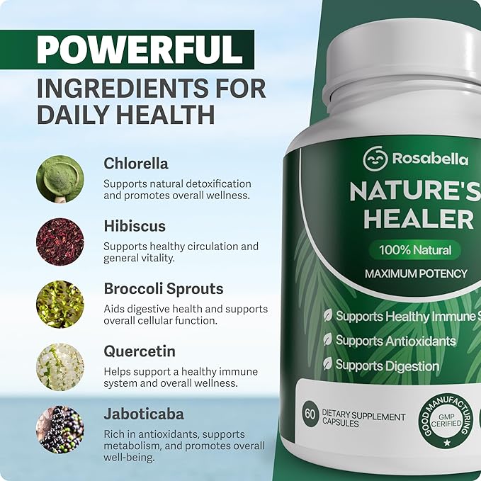 Rosabella Natural Healer – Organic Superfood Immune & Digestive Support – 60 Capsules – Plant-Based Supplement for Detox, Bloating Relief, and Gut Wellness for Women & Men