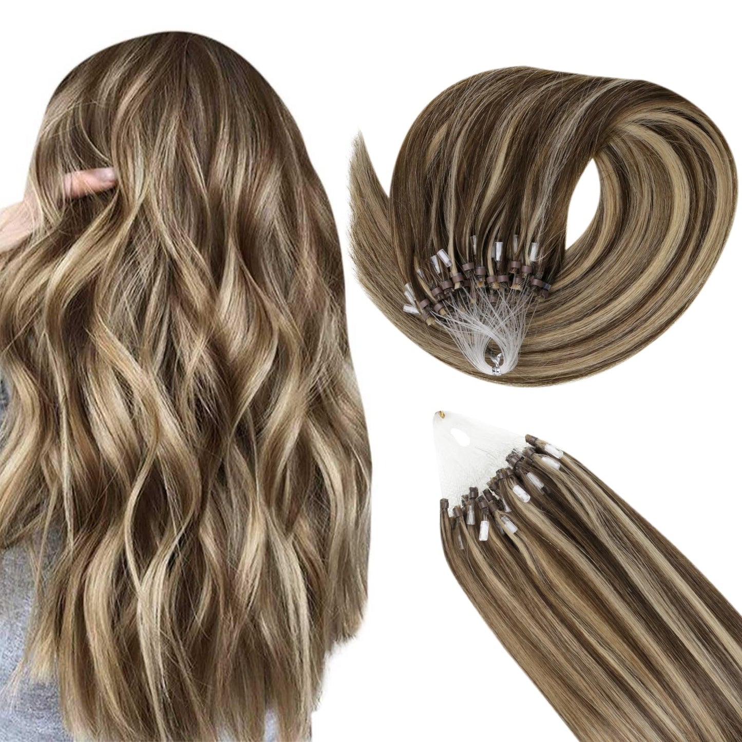 Easyouth Blonde Micro Hair Extensions Human Hair Invisible Micro Link Hair Extensions Human Hair Dark Brown Highlight Honey Micr