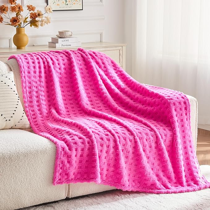 NEWCOSPLAY Super Soft Twin Blanket Pink Premium Silky Flannel Fleece 3D Waffle Checkered Lightweight Bed Blanket All Season Use (Hot Pink, Twin(60"x80"))