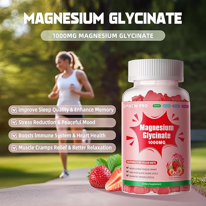 Magnesium Glycinate Gummies 1000mg - Sugar Free Magnesium Potassium Supplement with Vitamin D, B6, CoQ10 for Calm Mood & Sleep Support - 60 Strawberry Gummies