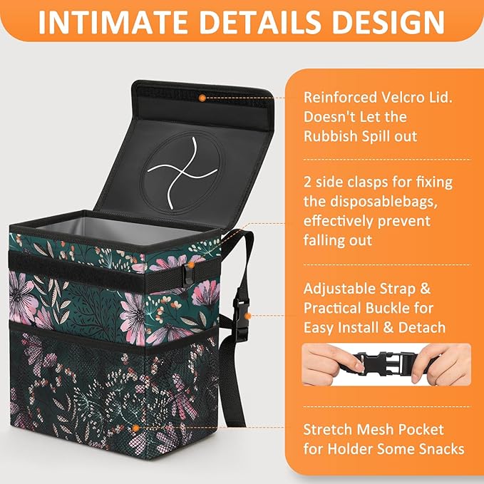 Vankor 3 Gallons Car Trash Can with Lid, Car Trash Bag Bin Hanging Waterproof Automotive Garbage Cans Leak Proof Vehicle Trash Can Navy Floral