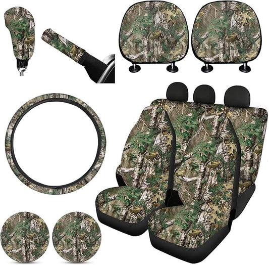 FKELYI Car Seat Covers - Branches Camo Set with Cup Coasters, Headrest, Steering Wheel, Gear Shift, Handbrake Covers
