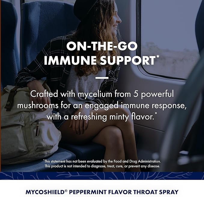 Host Defense MycoShield Throat Spray - Immune Health Support - Dietary Mushroom Supplement with Chaga, Reishi, Turkey Tail & More - On-The-Go Immune Support - Peppermint, 2 fl oz (142 Servings)*