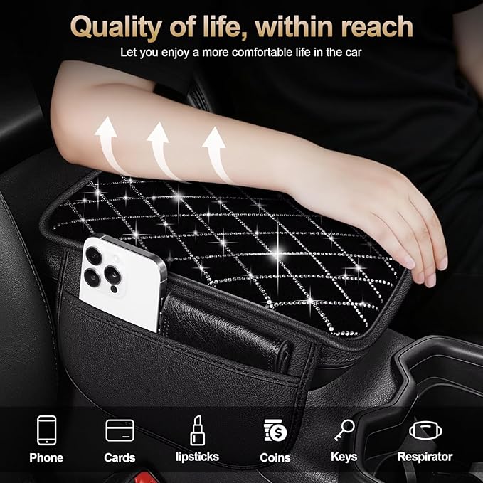 Bling Center Console Cover with 2 Side Pockets Fit for bZ4X Multi-Functional Car Armrest Cushion Diamond-Studded Rhombus Pattern Style(Black&Silver Diamond)