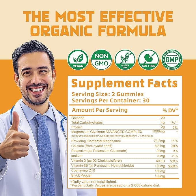 Magnesium Glycinate Gummies 1000mg - Sugar Free Magnesium Potassium Supplement with Vitamin D, B6, CoQ10 for Calm Mood & Sleep Support - 60 Orange Gummies