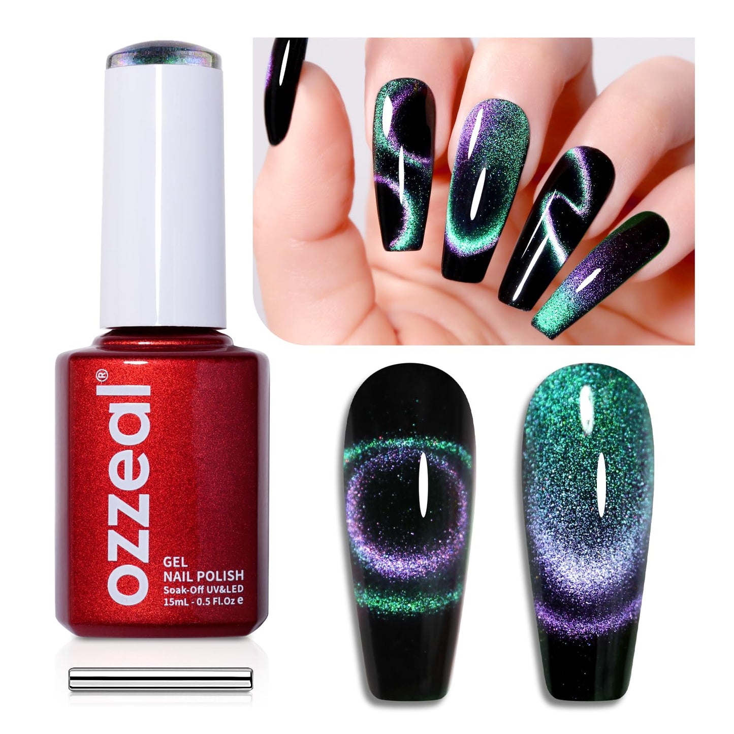 Ozzeal 9D Cat Eye Gel Nail Polish, 0.5 Fl Oz Green Chameleon Holographic Glitter Cat Eye Gel Polish With Magnet Uv Led Magnetic