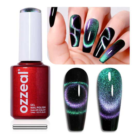Ozzeal 9D Cat Eye Gel Nail Polish, 0.5 Fl Oz Green Chameleon Holographic Glitter Cat Eye Gel Polish With Magnet Uv Led Magnetic