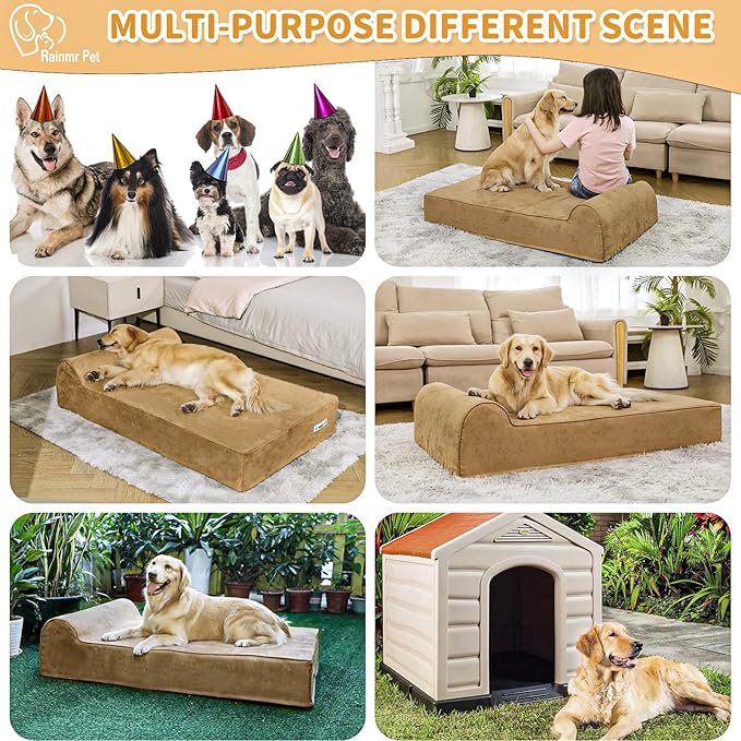 Orthopedic Dog Beds for Large Dogs, 7" Memory Foam Dog Beds with Waterproof Liner, Chew Proof Microsuede Cover, Removable and Washable, Nonskid Bottom, 52"x36" XL Khaki